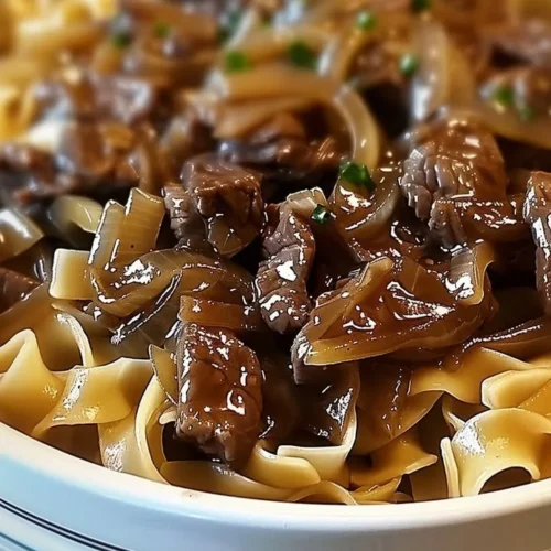 Delicious French onion beef and noodles dish served in a bowl