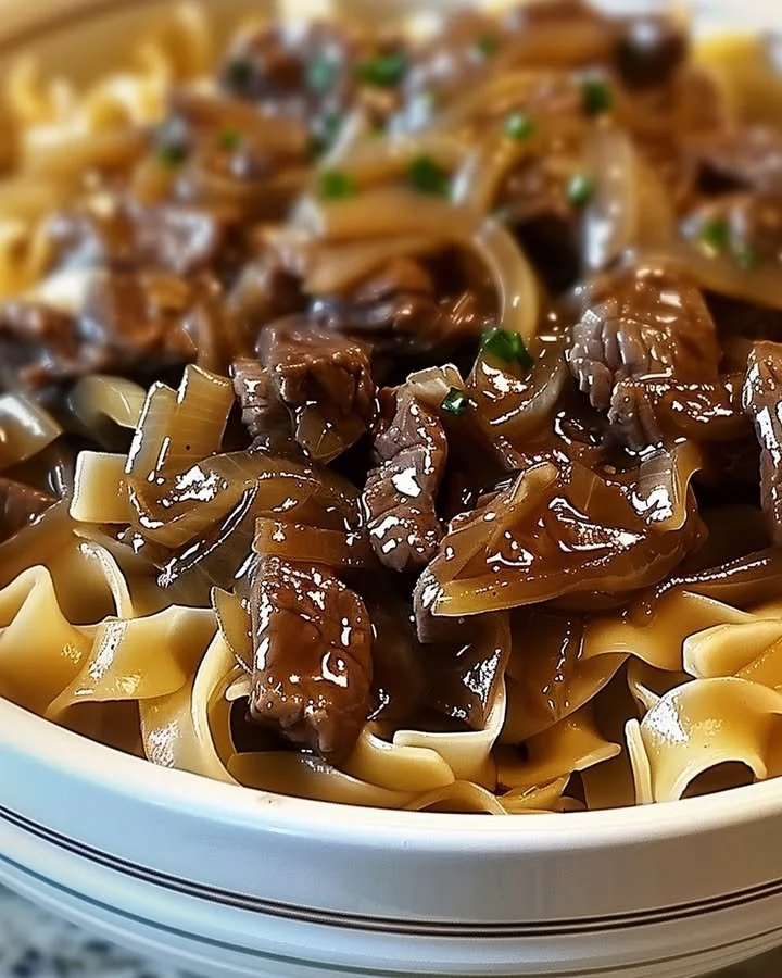 Delicious French onion beef and noodles dish served in a bowl