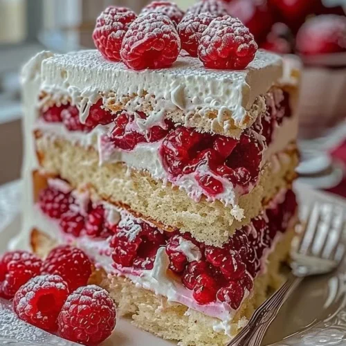 Fresh raspberry layer cake with creamy frosting and fruit topping