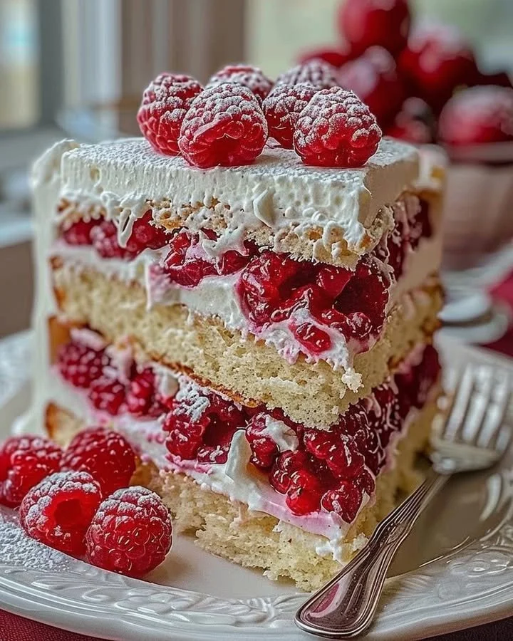 Fresh raspberry layer cake with creamy frosting and fruit topping
