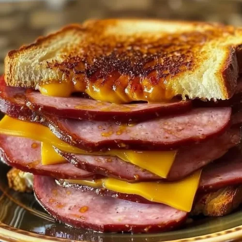 Delicious homemade Fried Bologna Sandwich on a plate