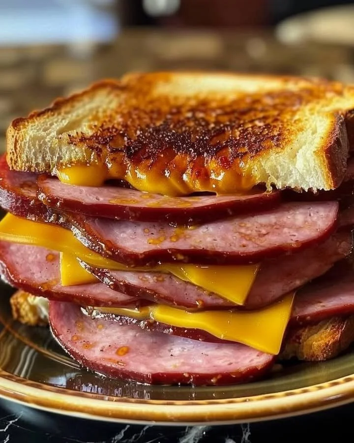 Delicious homemade Fried Bologna Sandwich on a plate