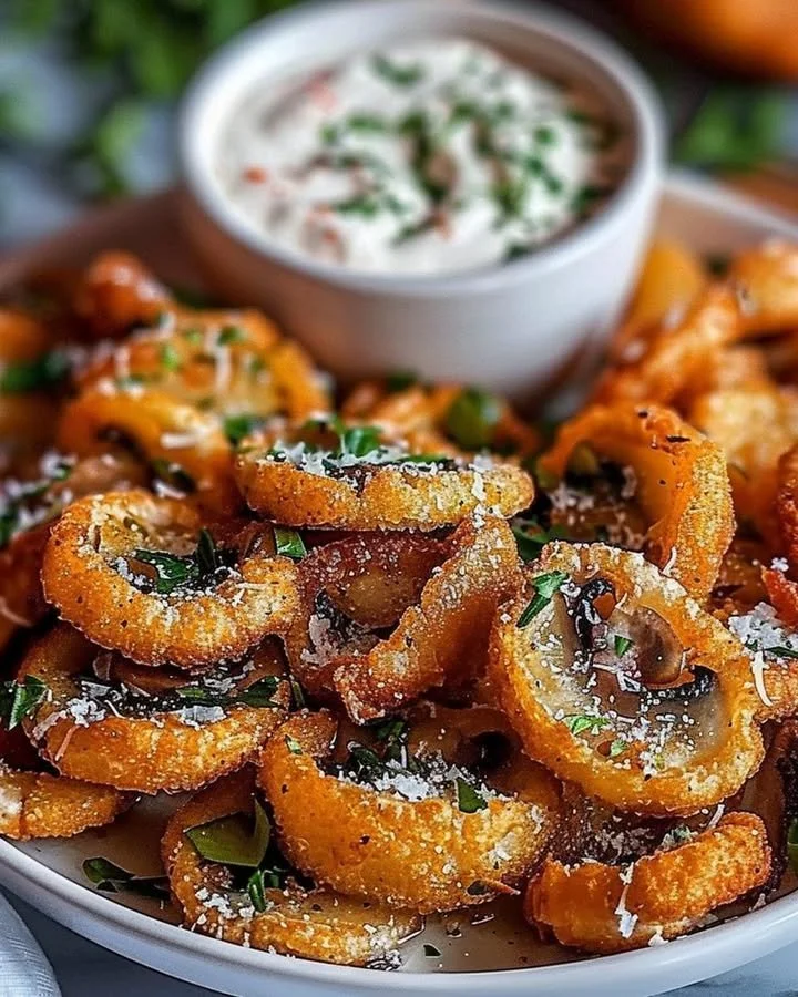 Crispy fried sliced mushrooms served with ranch dressing on a plate