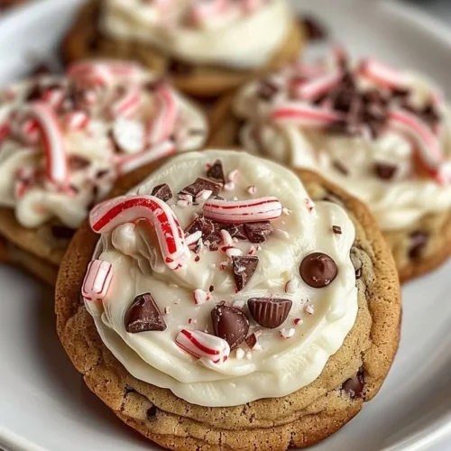 Frosted peppermint chocolate chunk cookies on a festive plate