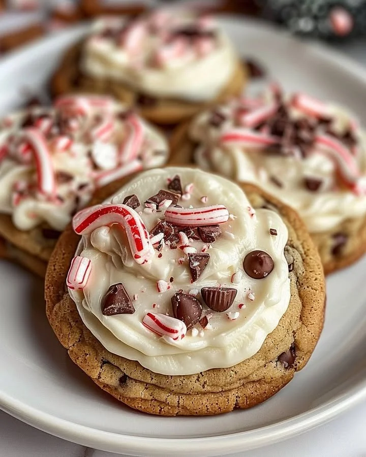 Frosted peppermint chocolate chunk cookies on a festive plate