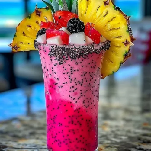 Frozen Dragon Fruit Pina Colada in a glass with tropical garnish