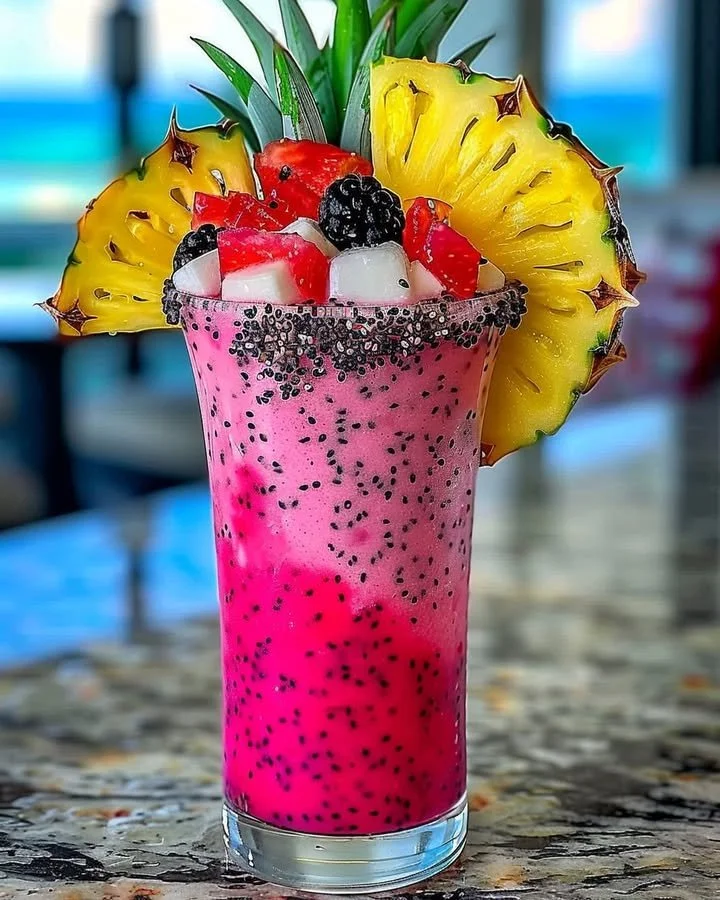 Frozen Dragon Fruit Pina Colada in a glass with tropical garnish