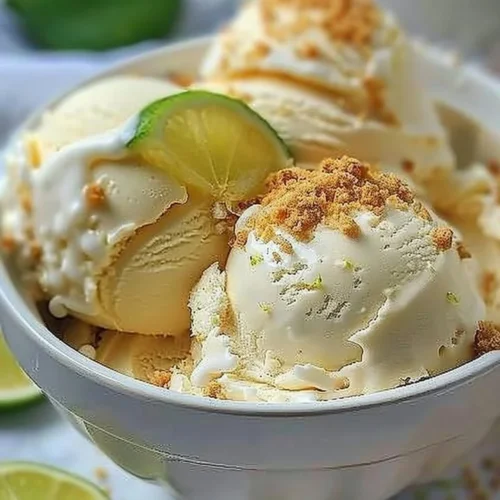 Frozen key lime pie ice cream served in a bowl with lime slices