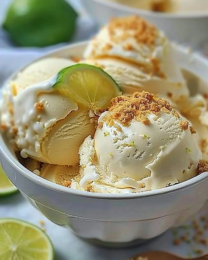 Frozen key lime pie ice cream served in a bowl with lime slices