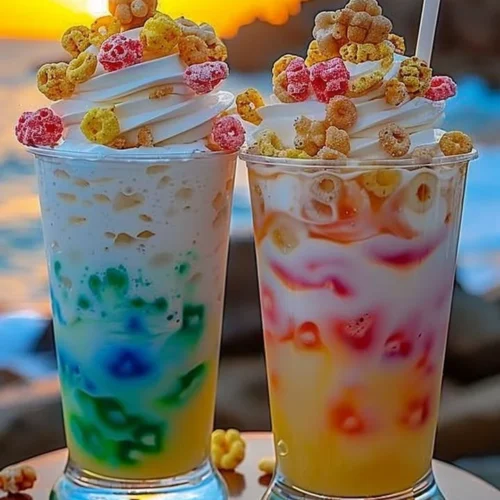 Colorful Fruit Loop Fizz drink garnished with fruits and bubbles