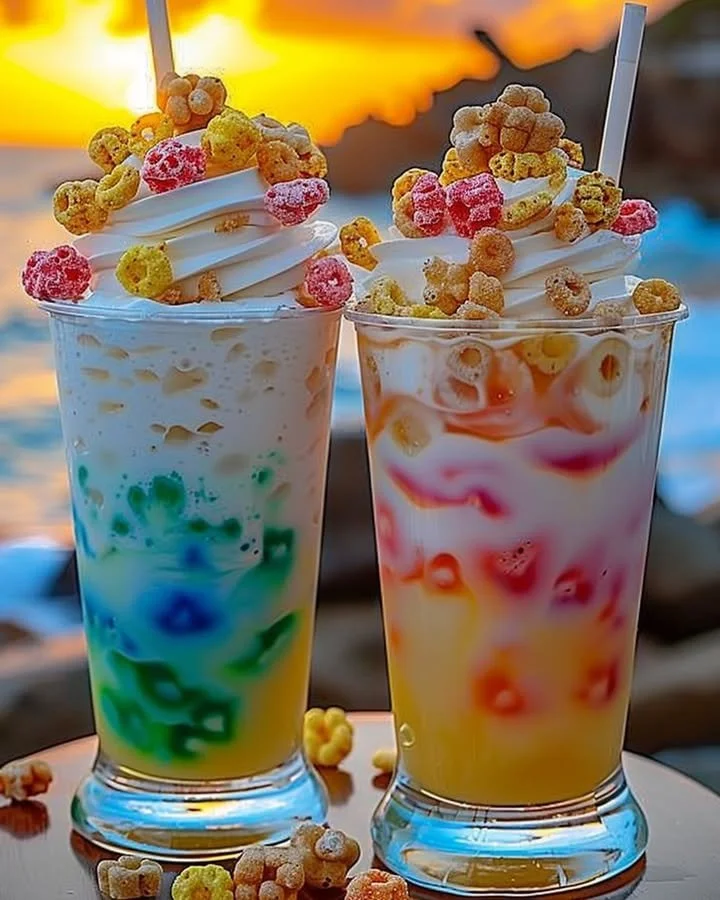 Colorful Fruit Loop Fizz drink garnished with fruits and bubbles