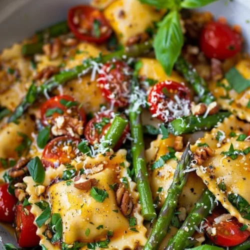 Plate of garden fresh asparagus ravioli tossed with tomatoes