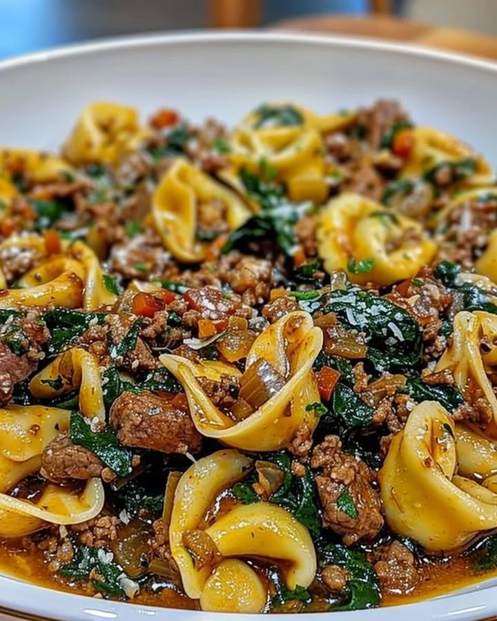 Plate of Garlic Butter Beef and Spinach Tortellini garnished with herbs