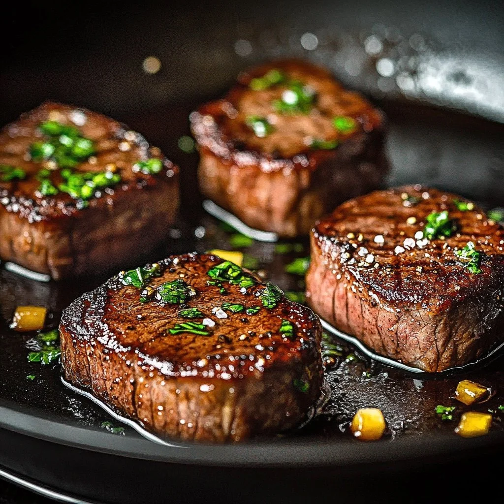 Delicious Garlic Butter Brazilian Steak served on a plate with herbs.