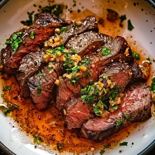 Delicious Garlic Butter Brazilian Steak served with herbs and spices