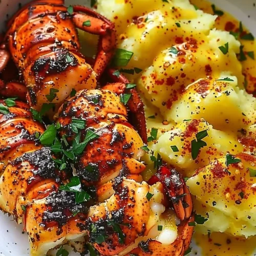 Delicious Garlic Butter Lobster Bites served with saffron mash on a plate.