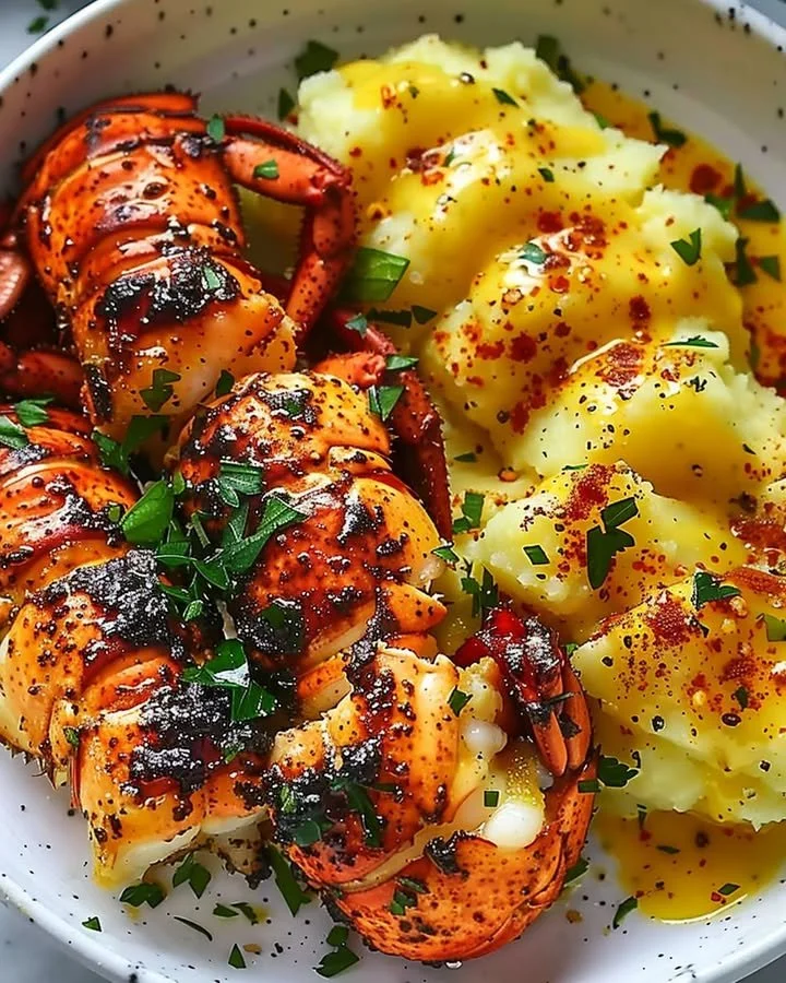Delicious Garlic Butter Lobster Bites served with saffron mash on a plate.