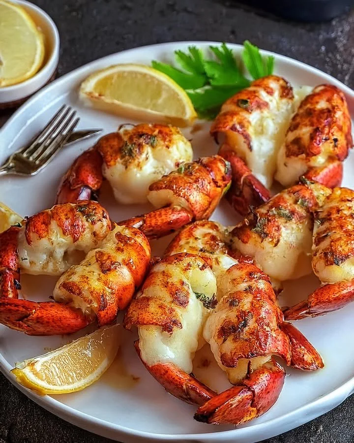 Delicious Garlic Butter Lobster Tails served with herbs and lemon