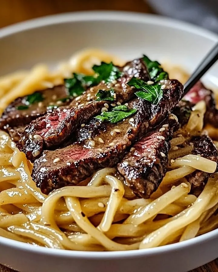 Delicious Garlic Butter Steak served with Lightning Noodles on a plate
