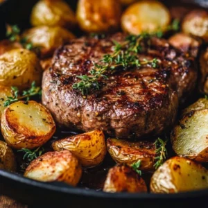 Garlic Herb Steak and Potato Skillet dish served in a skillet with fresh herbs