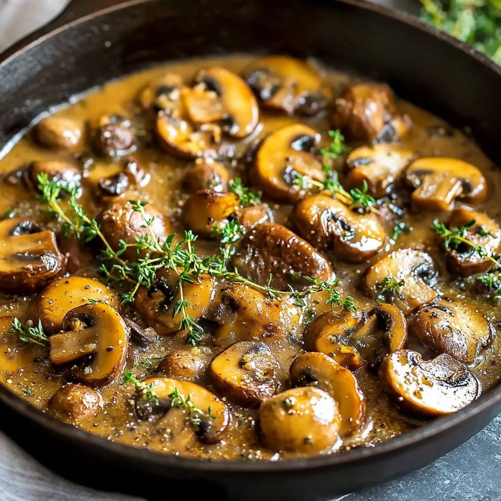 Delicious Garlic Mushroom Stroganoff served in a bowl topped with fresh herbs