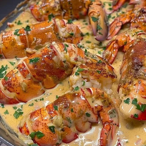 Garlic Parmesan Alfredo Lobster Tails garnished with herbs on a plate.