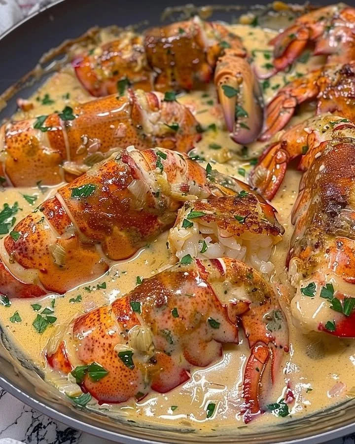 Garlic Parmesan Alfredo Lobster Tails garnished with herbs on a plate.