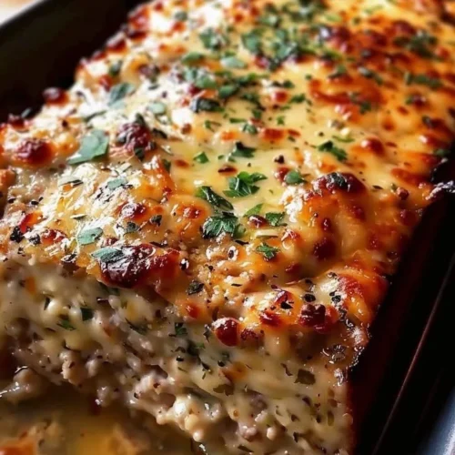 Delicious Garlic Parmesan Chicken Meatloaf garnished with herbs on a plate