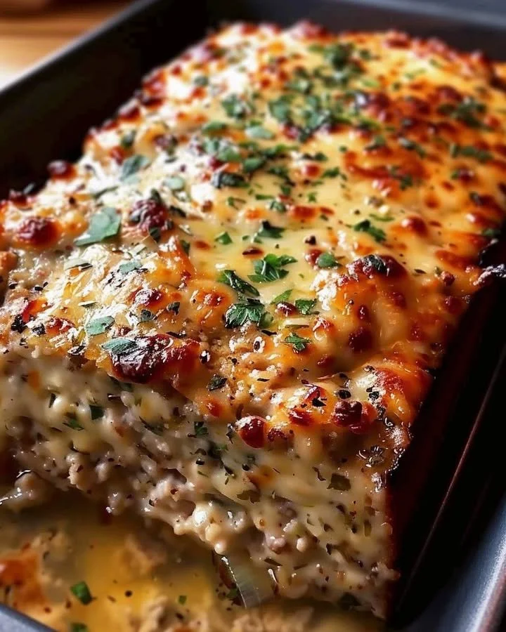 Delicious Garlic Parmesan Chicken Meatloaf garnished with herbs on a plate