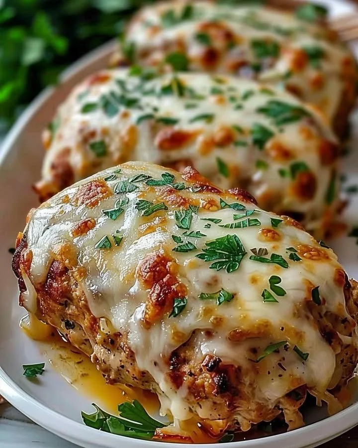Garlic Parmesan Chicken Meatloaf topped with garlic and parmesan cheese