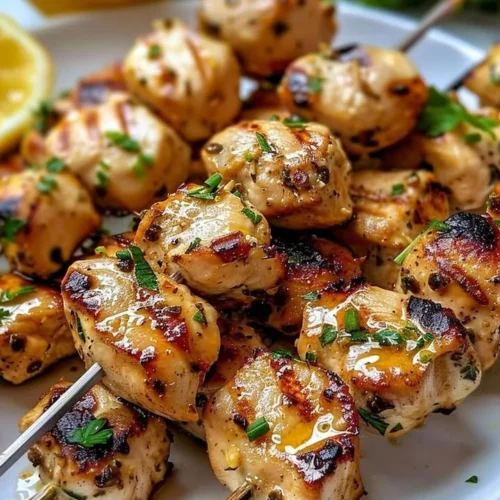 Garlic Parmesan Chicken Skewers on a grill garnished with herbs