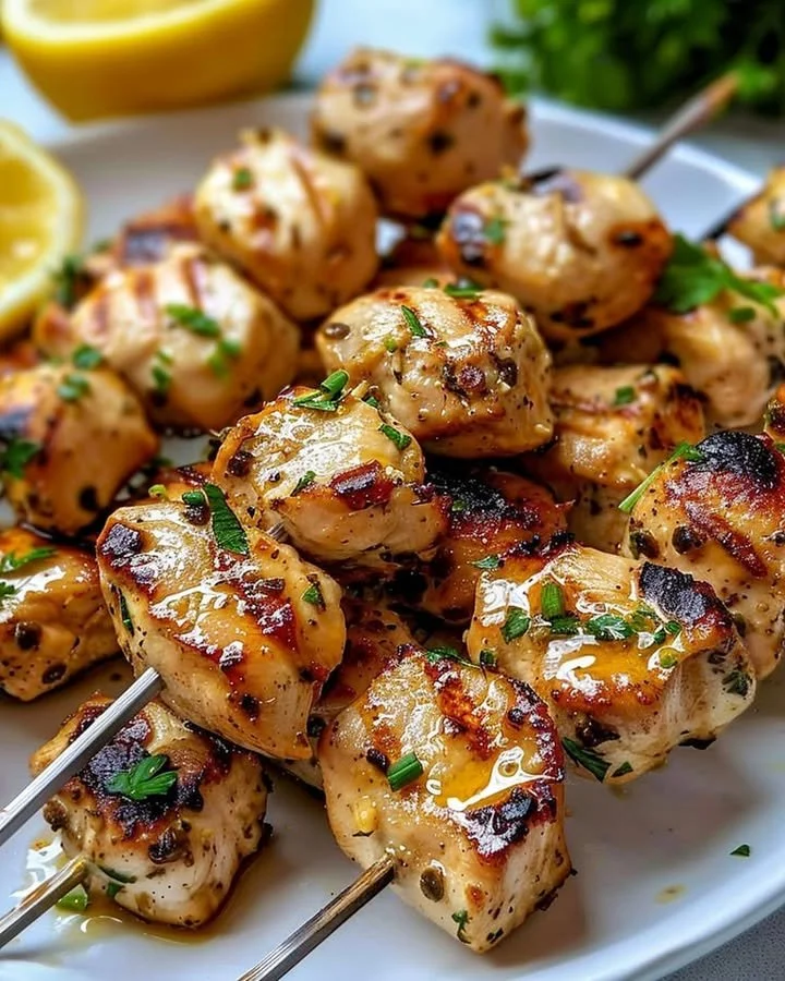 Garlic Parmesan Chicken Skewers on a grill garnished with herbs