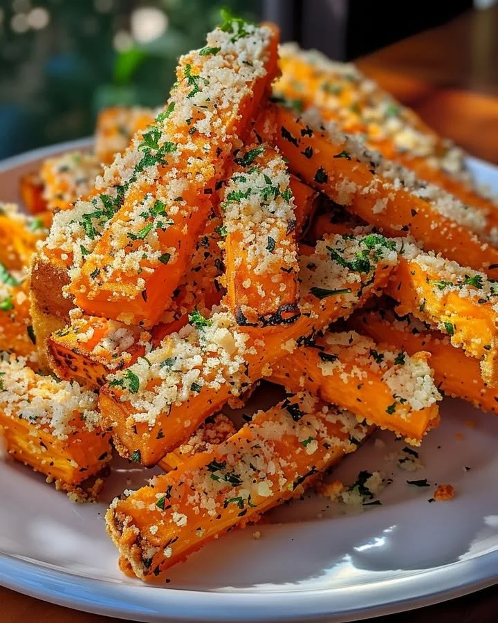 Garlic Parmesan Sweet Potato Sticks, a healthy and delicious snack option