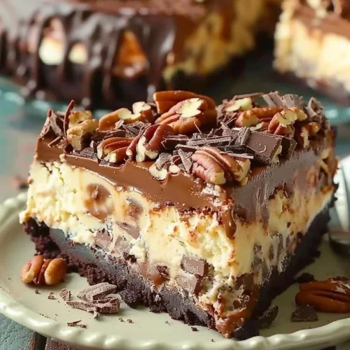 Slice of German Chocolate Cheesecake with chocolate and coconut topping