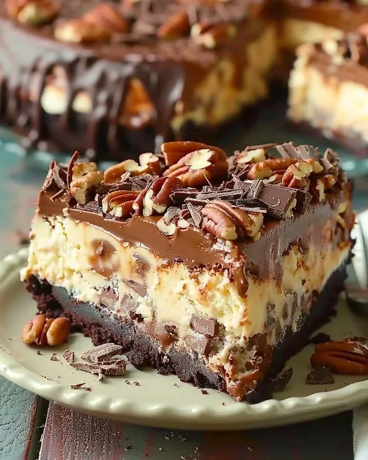 Slice of German Chocolate Cheesecake with chocolate and coconut topping
