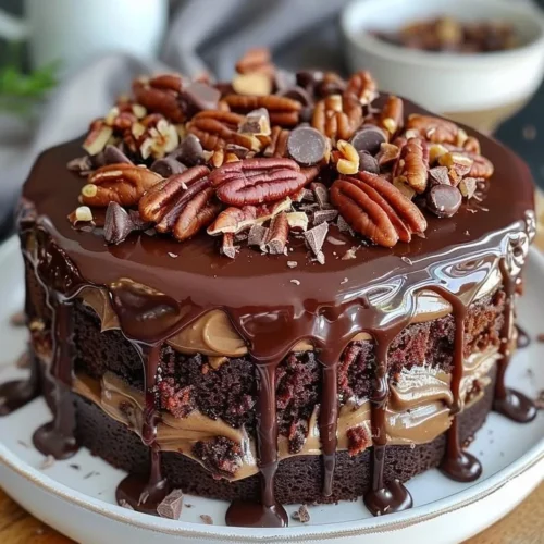 Delicious German Chocolate Poke Cake topped with coconut pecan frosting