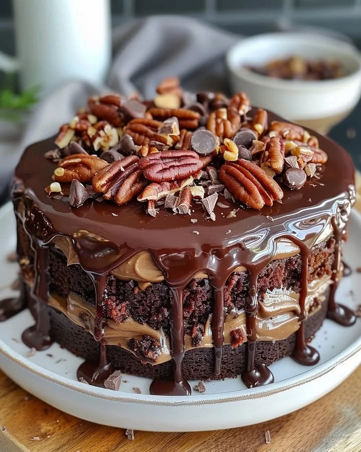 Delicious German Chocolate Poke Cake topped with coconut pecan frosting