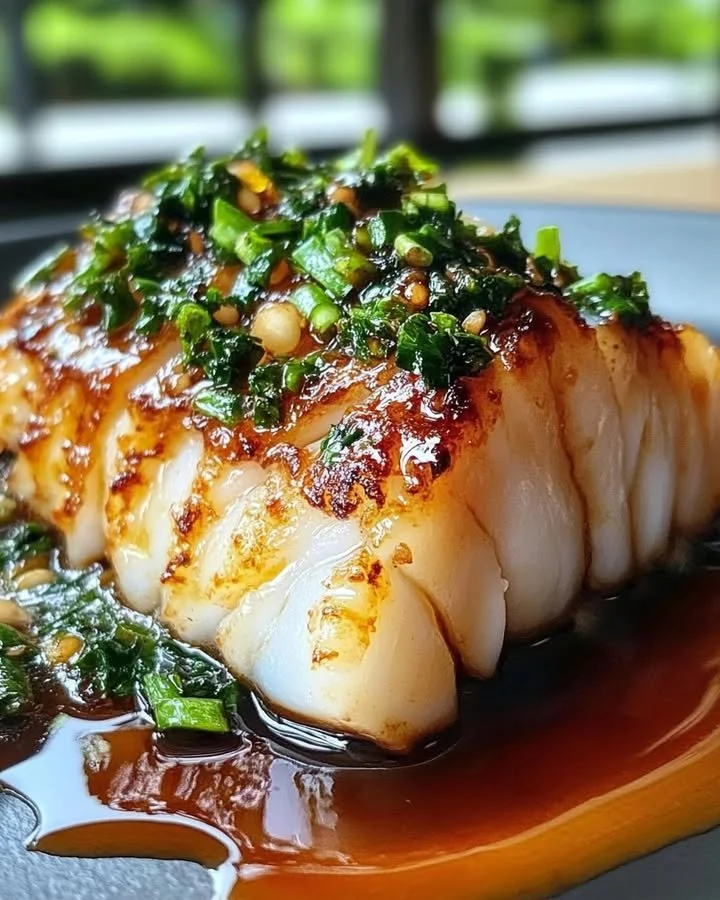 Ginger Soy Glazed Cod served on a plate with garnishes