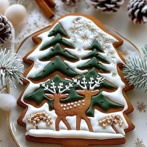 Decorative gingerbread cookies featuring a winter forest design