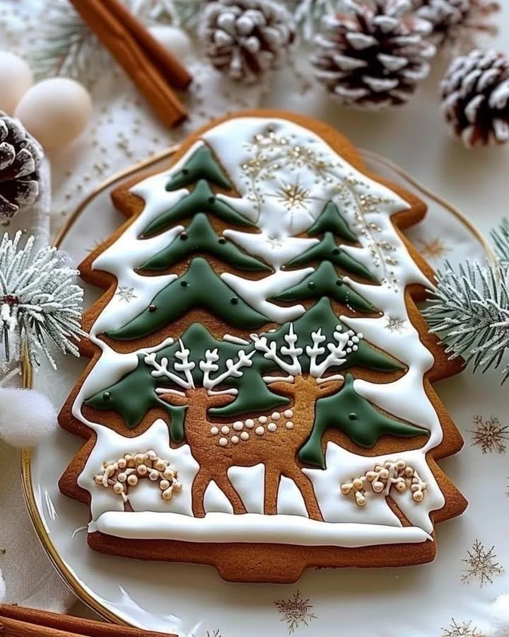 Decorative gingerbread cookies featuring a winter forest design