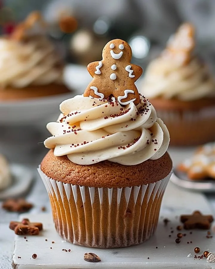 Delicious gingerbread cupcakes decorated with frosting and holiday sprinkles.