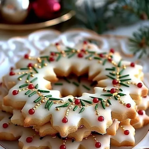 Golden Holly Crown Cookies decorated for the holidays