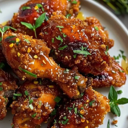 Golden honey-glazed chicken with a spicy twist, garnished and served on a plate.