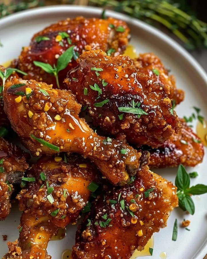 Golden honey-glazed chicken with a spicy twist, garnished and served on a plate.