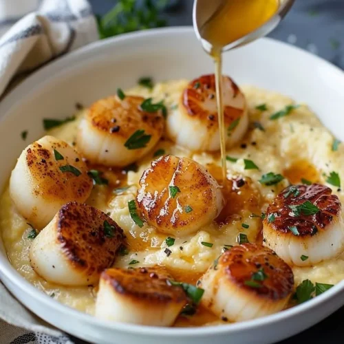 Plate of golden scallops on silky parmesan polenta with garnishes