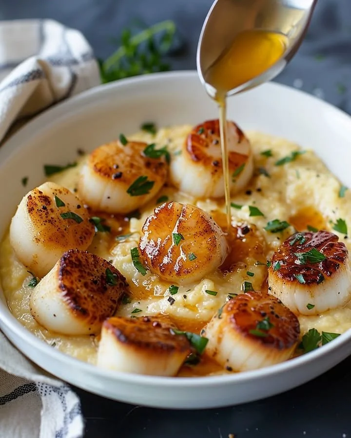 Plate of golden scallops on silky parmesan polenta with garnishes