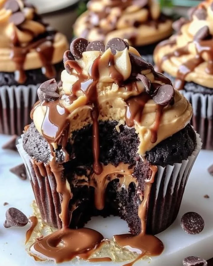 Delicious gooey peanut butter lava cupcakes with melting filling.