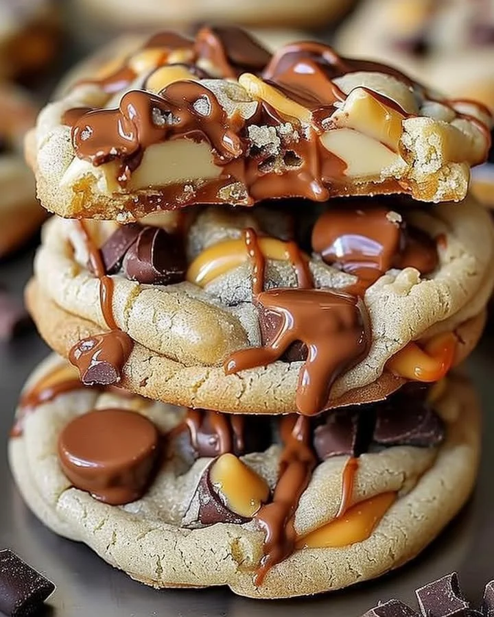 Delicious gooey Reese's cheesecake cookies topped with peanut butter cups