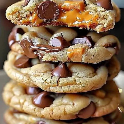 Gooey Reese's cheesecake cookies topped with chocolate and peanut butter.
