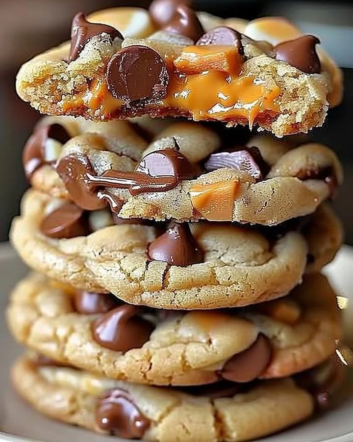 Gooey Reese's cheesecake cookies topped with chocolate and peanut butter.